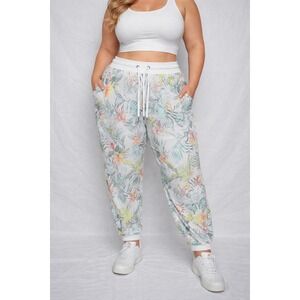 The Sweatshirt Project Women 2X Floral Tropical Joggers Lace Up‎ Cuffs White New